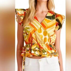 Alden Adair The Marina flutter short sleeve tropical print top blouse shirt